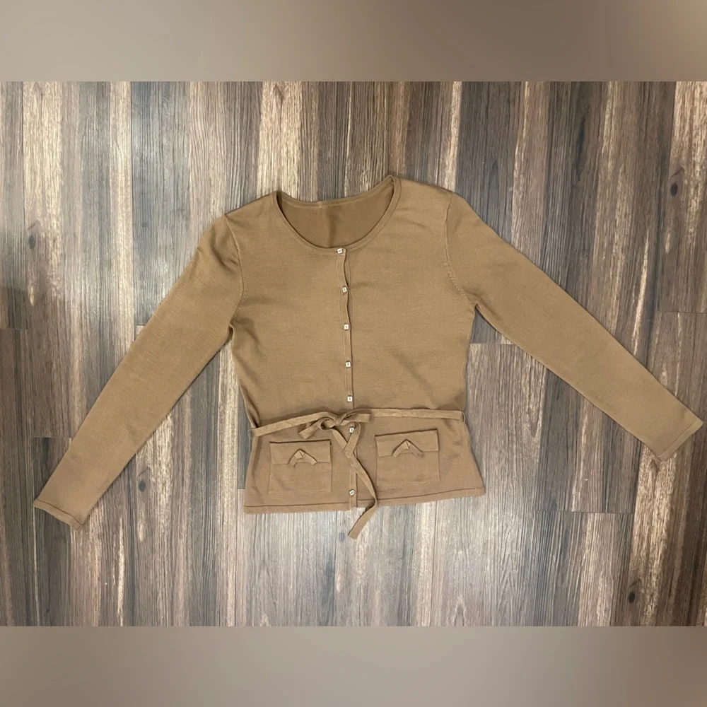 Silk Brown Button-Up Women's cardigan with tie waist - Picture 4 of 16